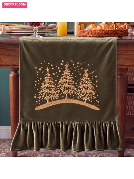 Other - Velvet Table Runner Ruffled Embroidered Tree 13x72